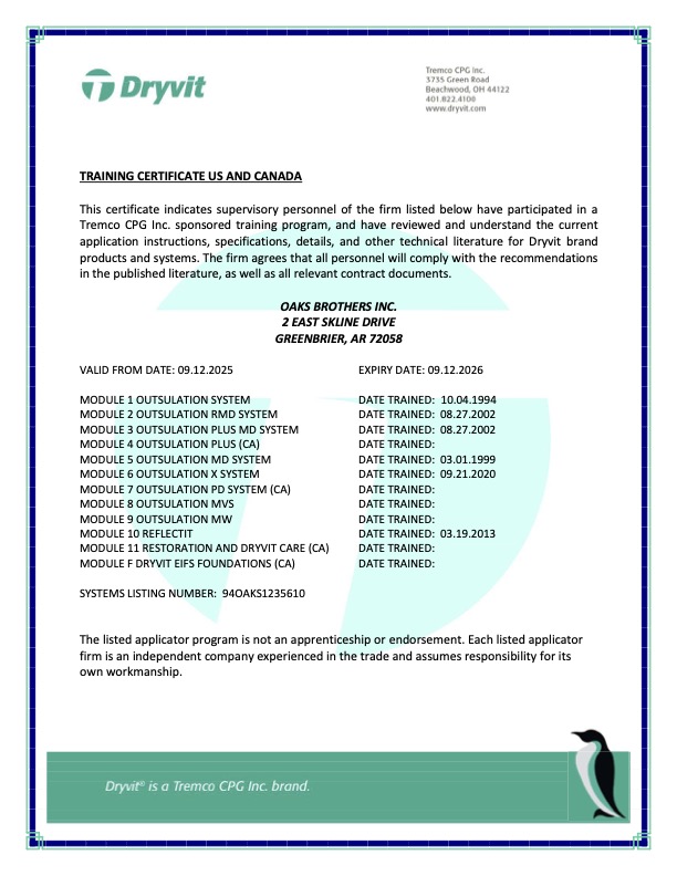 Oaks Brothers Inc Dryvit Certification