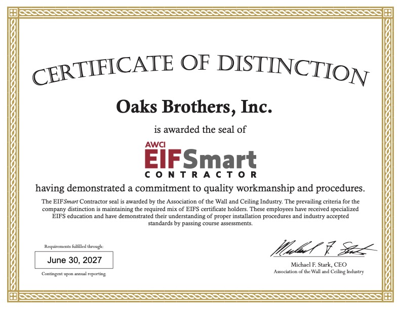 EIFSmart Contractor seal is awarded by the Association of the Wall and Ceiling Industry to Oaks Brothers Inc
