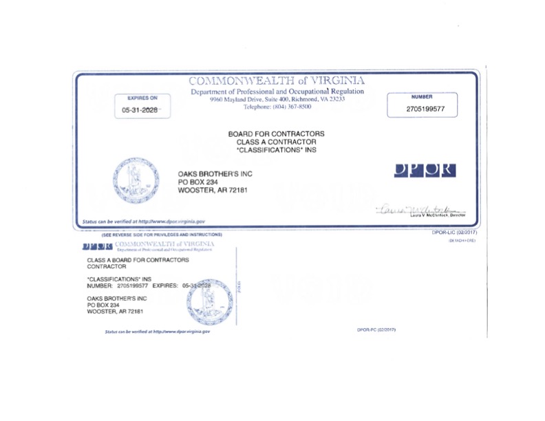 Oaks Brothers Inc. Virginia Contractors License